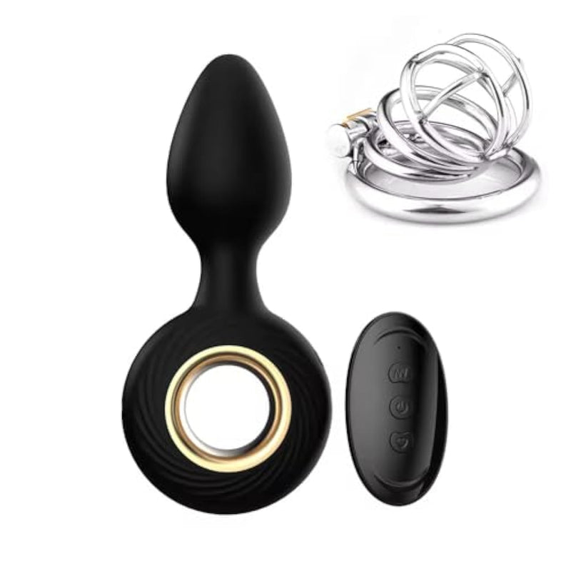 Silent Lock Stainless Steel Chastity Cage And Vibrating Anal Plug With Remote Control And 12 Vibration Modes