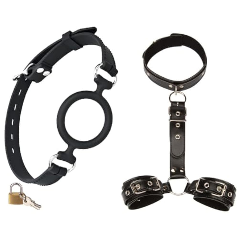 Bondage Restraints Kit Mouth Gag With Padlock Adjustable Oral Sex Sex Handcuffs Collar Neck To Wrist Sex Toy For Men Women Couple Game