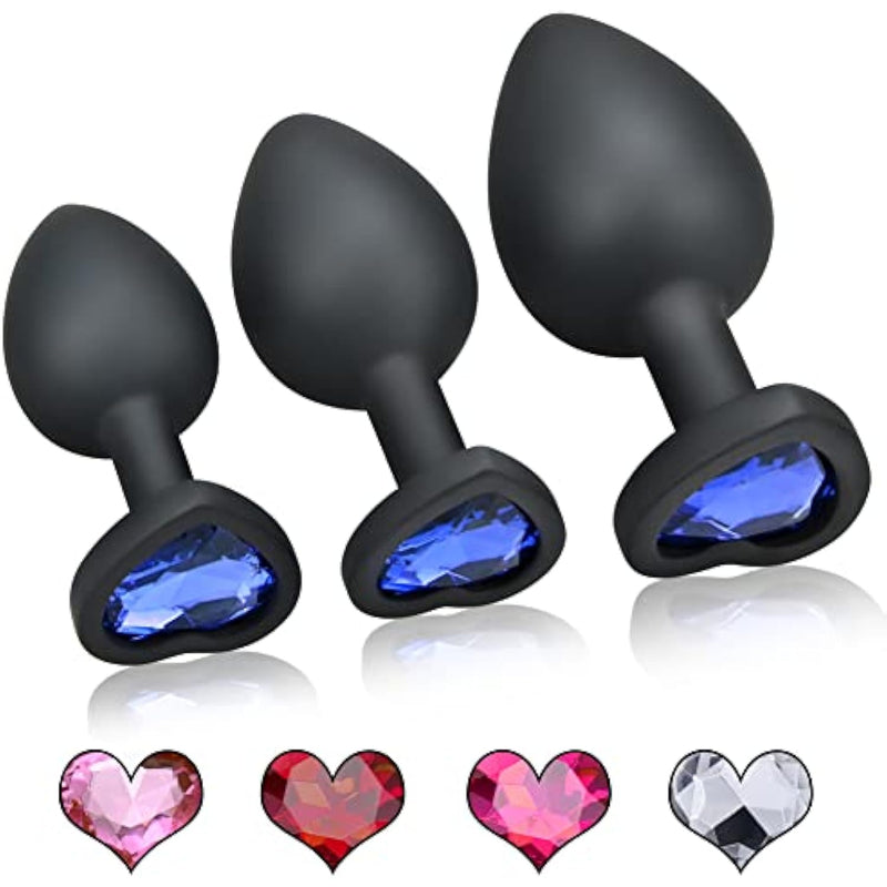 3Pcs Heart Shaped Anal Butt Plug Set With 5 Replacement Diamond Silicone Anal Trainer Butt Toys Large/Medium/Small Anal Training Kits Sex Toys For Women Men Couples Lover Personal Massager Anal Plugs