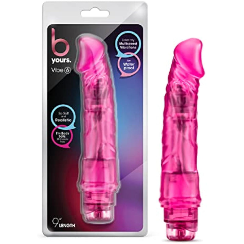 B Yours Vibe #6 - Soft Realistic Multispeed Vibrating Dildo - 9.25 Inch Long - 1.75" Wide - Flexible Shaft Conforms To Your Body - Waterproof Vibrator - Safe Sex Toy - Clear Pink