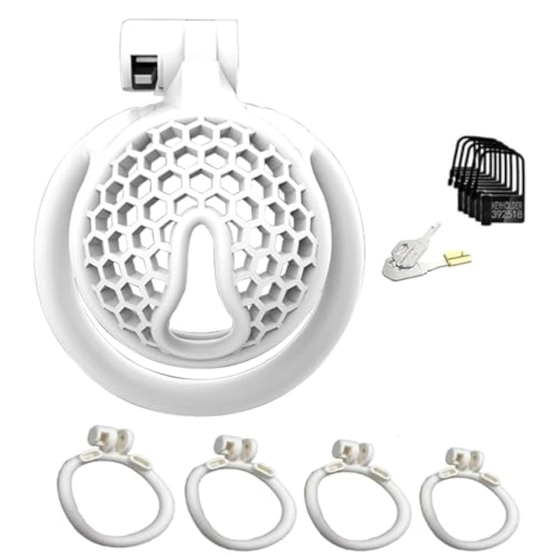 Small Sissy Chastity Lock Resin Male Chastity Device Honeycomb Chastity Device With 4 Penis Rings Bdsm Penis Cage Sex Toys For Couples (White, Arc Ring)
