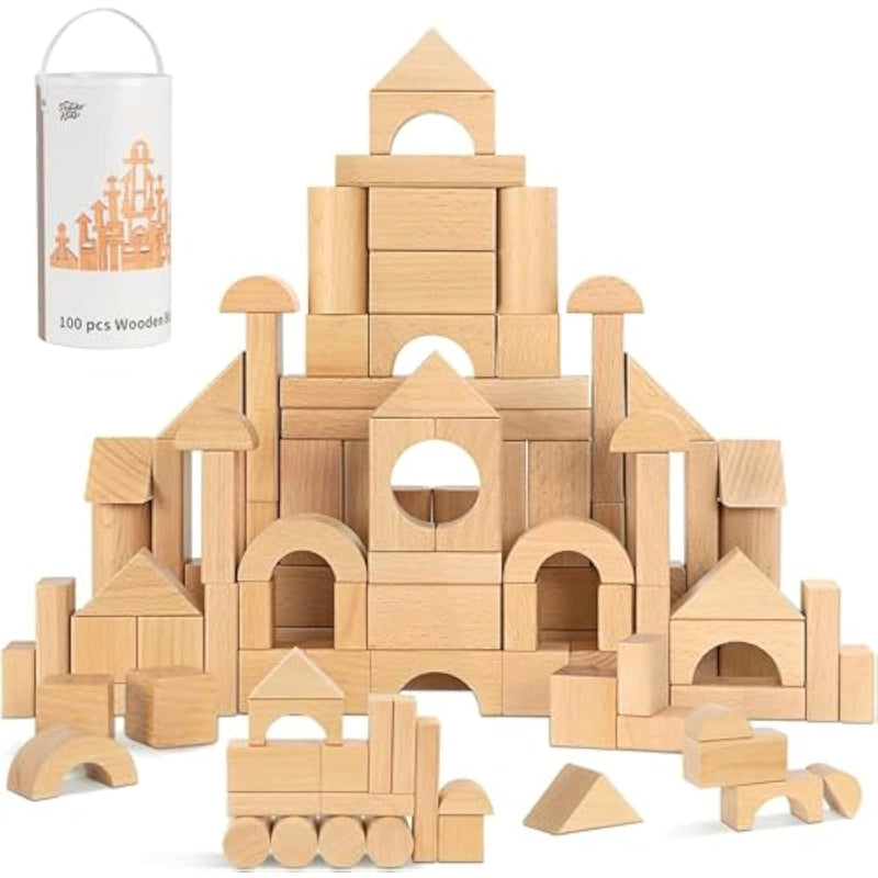 100Pcs Natural Beech Wood Building Blocks For Toddlers 1-3, Wooden Blocks With Storage Bucket And Shape Sorter Lid Montessori Toys For 1 2 3 Year Old Boys And Girls, Preschool Learning