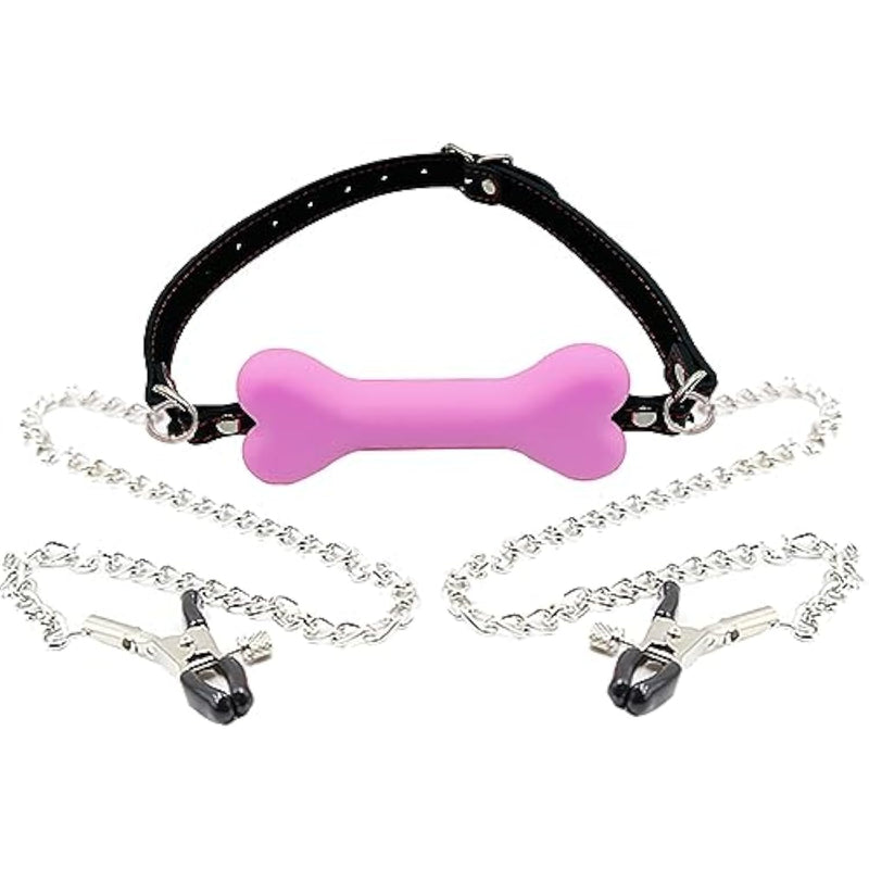 Silicone Bone Mouth Gag Nipple Clamps Open Mouth Plug Ball Breast Clips Bondage Gag Muzzles Sex Bdsm Toy For Fetish Lover Pink