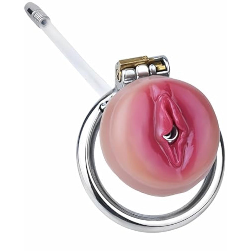 Flat Chastity Cage Stainless Steel Chastity Device With Realistic Vaginal And Silicone Penis Plug, Metal Ultra Small Cock Cage Bdsm Bondage Sex Toy For Men (55Mm Ring)