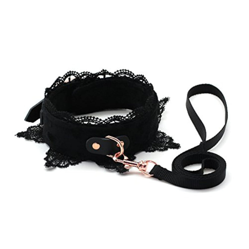 Lace Leather Choker and Lead Set for Women - Black Lace Collar with Adjustable Leash