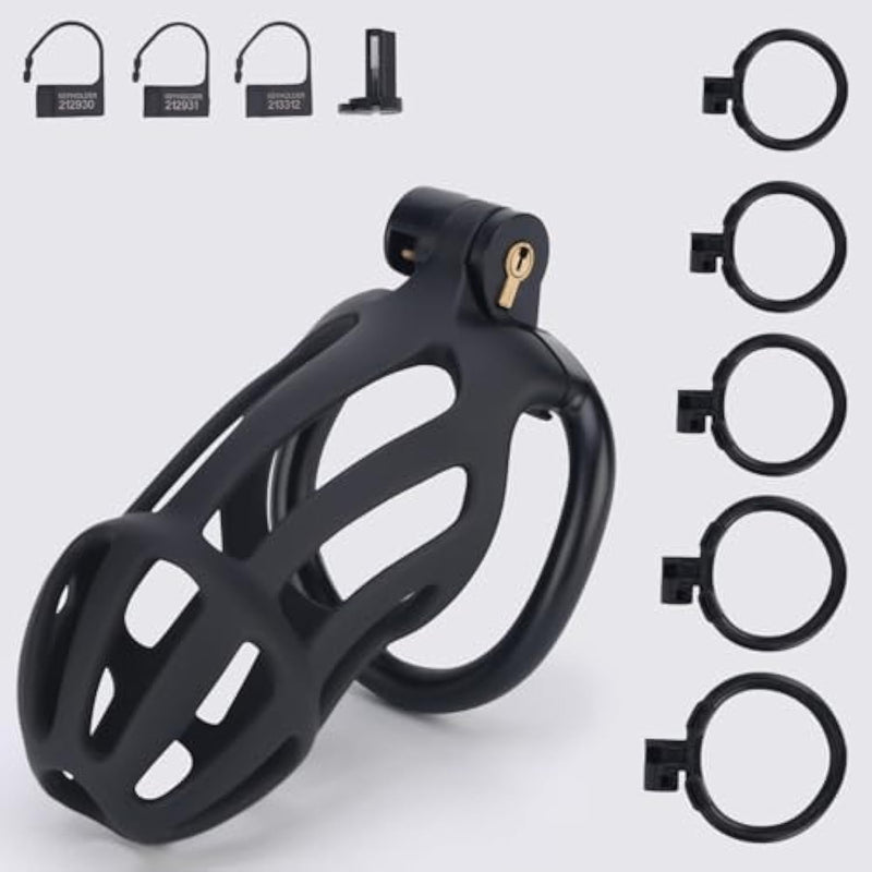 Male Chastity Cage, Large Chastity Device With 5 Sizes Rings And Invisible Lock For Man Penis Exercise Bondage Gear & Accessories Lightweight Adult Sex Toys (Large Size - Black)