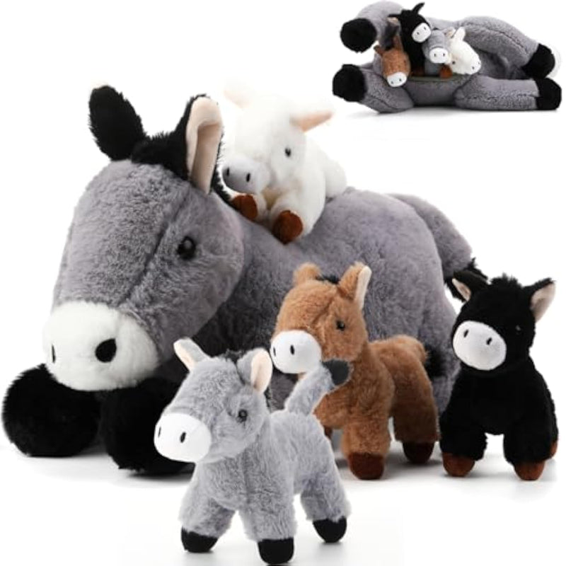 5 Pcs Donkey Stuffed Animals 18 Inches Large Stuffed Mommy Donkey With 4 Babies Burro Plush For Baby Shower Nurturing Plushie Toy Set For Kids Boys Girls Christmas Birthday Gifts