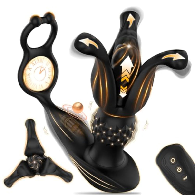 Male Anal Vibrator Butt Plug With Thrusting Dildo Core & 9 Petal-Stretching Modes – Sex Toy For Men With Dual Cock Rings, Prostate Massager & Anal Expander For Gay Adult Pleasure Play
