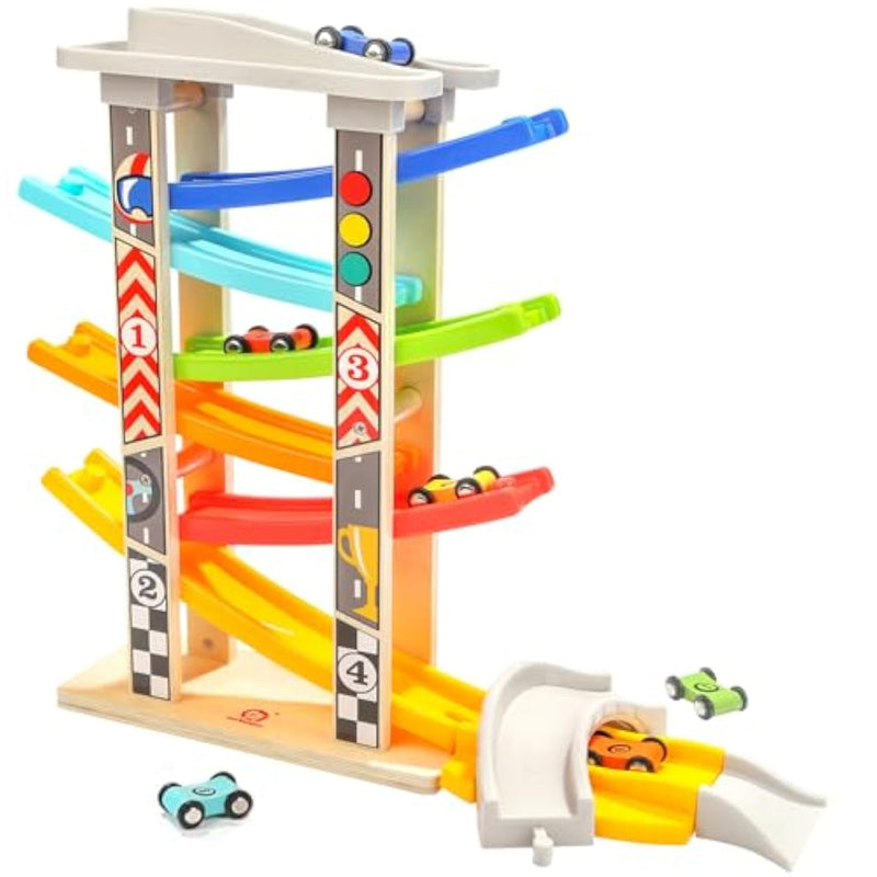 Wooden Car Ramp Race Track Toy For Toddlers 1-4 Years, Montessori Educational Learning Toy For 2 Year Old Boys Girls Gifts With 6 Mini Cars