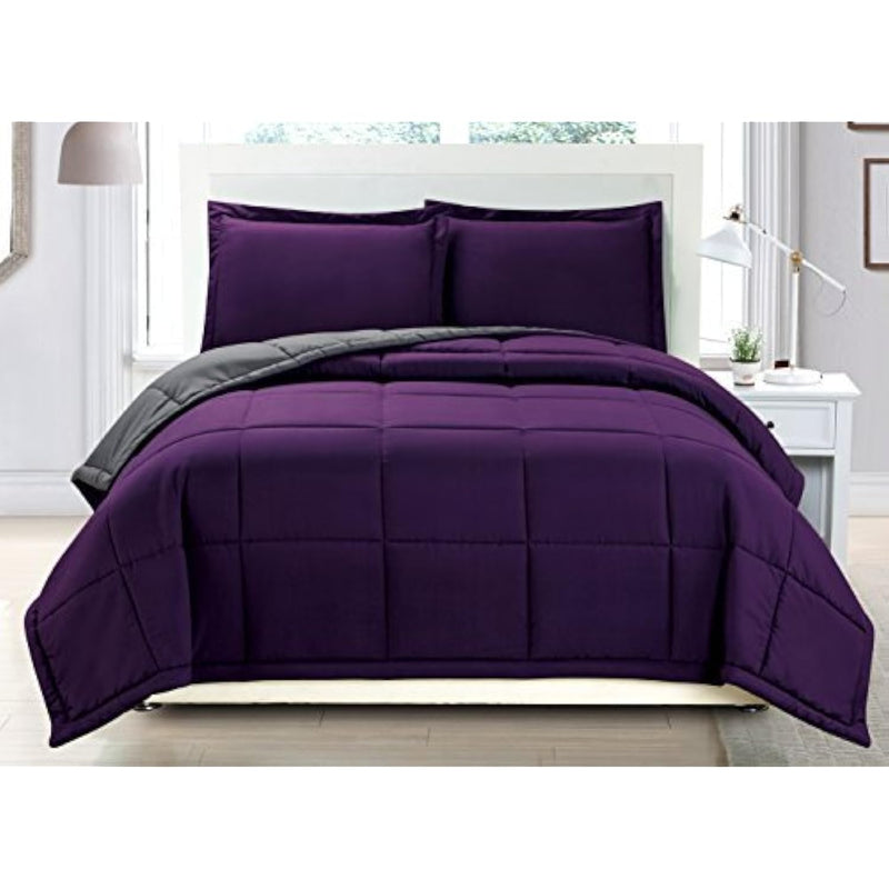 3 Piece Luxury Dark Purple / Grey Reversible Soft Down Alternative Comforter S