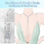 Crystal Body Chain Necklace Set With Rhinestone Pendants, Body Clamps Breast Silver Chain W-Tone Fashion Jewelry For Women (Concise-Wathet)