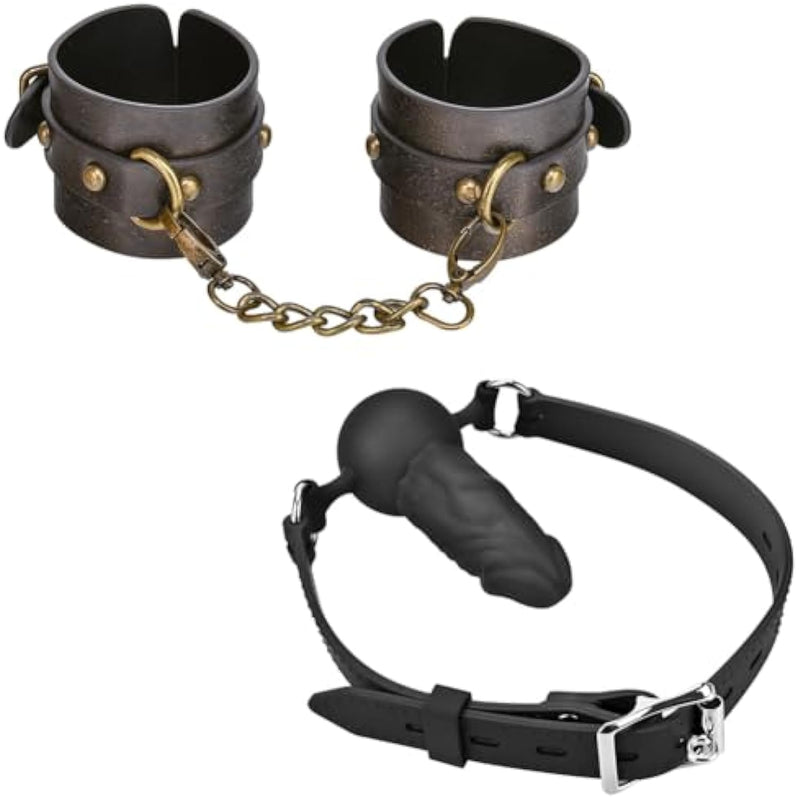 Bondage Set Silicone Realistic Dildo Gag With Ball And Adjustable Bondage Handcuff Sm Adult Sex Toys For Male Female Couples