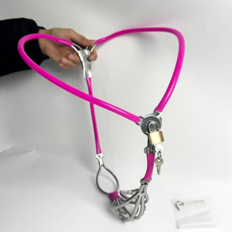 Male Invisible Chastity Belt Cage Stainless Steel Sexy Underwear Adjustable Device Hollow Bondage Sex Toy With Hole Bdsm (Pink, 60-90Cm)