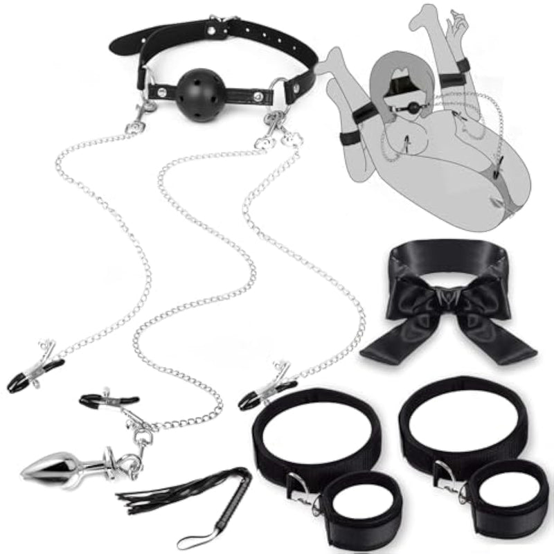 Bdsm Restraint Set Adult Sex Toys With Ball Silicone Gag, Nipple Clamps, Sm Leather Whip, Wrist And Thigh Cuffs, Ankle Shackles And Blindfold Are Included.