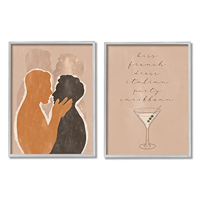 Stupell Industries Kiss French Party Caribbean Phrase Male Couple Embrace, Designed by Birch&Ink Gray Framed Wall Art, 2pc, Each 16 x 20, Brown