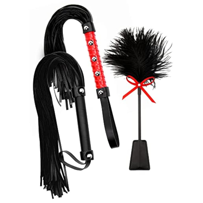 Equestrian Leather Whip and Crop Set for Horses - 18" Red Riding Crop with Stiff Handle and 15" Tickle Feather