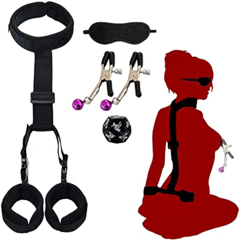 Sex Bondage Bdsm, Adjustable Behind Back Handcuffs Collar With Blindfold Nipple Clamp Anti-Collar Bondage Sex Toys Sm Adult Games Gear & Accessories.(Nylon)