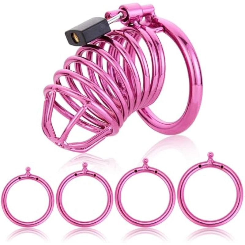 Male Cock Cage Chastity Device - Iron Chastity Cock Cage Device With 4 Active Sizes Rings Adult Sex Toy For Men Penis Exercise | 2 Keys And Invisible Lock Included | Extra-Large Size (Purple)