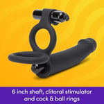 Double Fun Vibrating Rabbit Double Penetration Strap On Dildo - 6 Inch Realistic Silicone Dildo With 2 Bullet Vibrators - Waterproof - Black