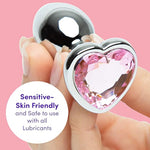Jewelled Pink Heart Shaped Butt Plug - 2.5 Inch Metal Anal Plug - Petite Smooth Tapered Tip - Waterproof