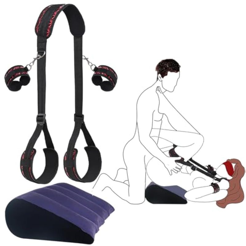 Bdsm Sex Restraints With Sex Toys Inflatable Ramp Pillow,Legs Sex Bondage With Neck To Ankle/Thigh Cuff,Fetish Handcuffs Blindfold,Adjustable Sex Sm Bondaged Restraints Set For Couples Women Men