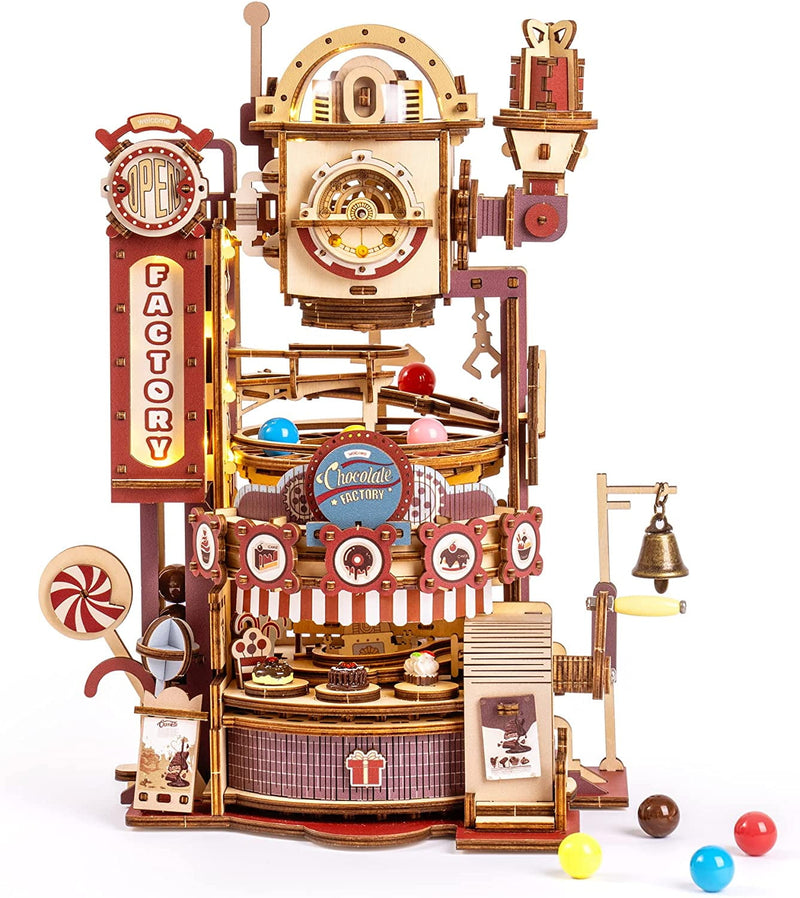 420 Piecs Chocolate Factory Marble Run 3D Wooden Puzzle Built-In Led Model Kit Home Decor Gifts For Teens/Adults