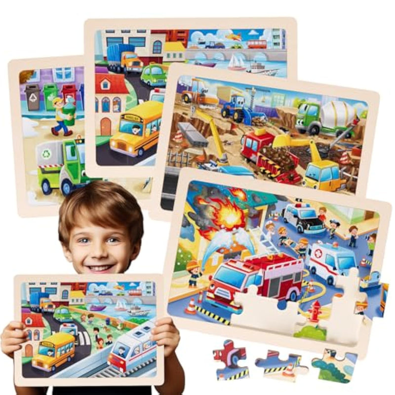Jigsaw Puzzles Wooden Puzzles For Kids Ages 4-6 Preschool Educational Toddlers Toys Construction Vehicle Puzzle Fire Truck Urban Transportation Sanitation Truck Gifts For 3 4 5 6 Year Old Boys Girls