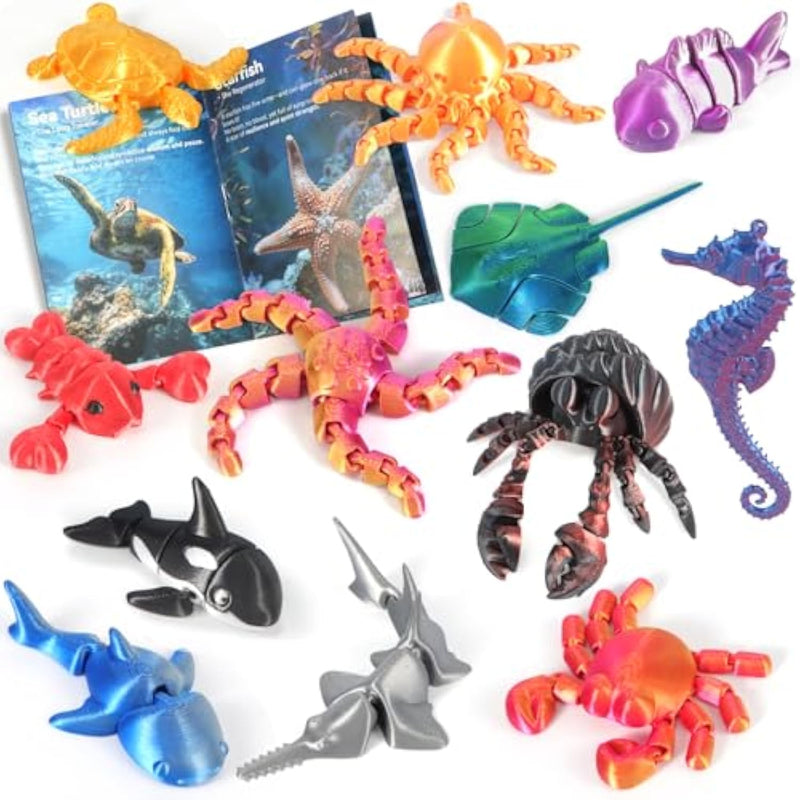 12 Pack 3D Printed Animal Toys, Desk Pets Sea Animal Toys With Educational Booklet For Kids Age 3 4 5 6 7 8, Ocean Animals Figurines Fidget Toy Birthday Gifts Office Desktop Home Decoration