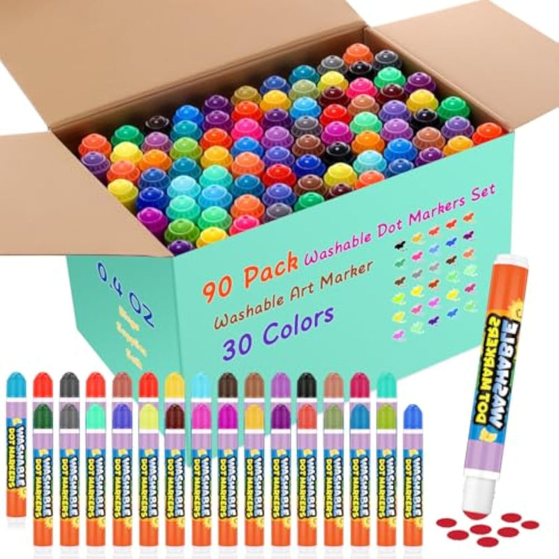 90 Pack Washable Dot Markers, 30 Colors, 0.4 oz Bingo Daubers for Arts & Crafts