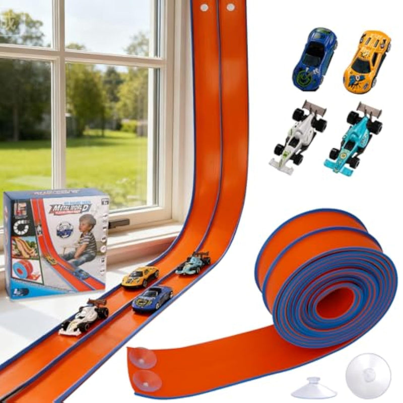 Flex Race Car Track 15 Ft Starter Set For Kids Age 3+, Rolls Up Portable Track Playsets Compatible With Diecast 1/64Th Cars, Long Kid Cars Ramp With Suction Cups For Indoor & Outdoor