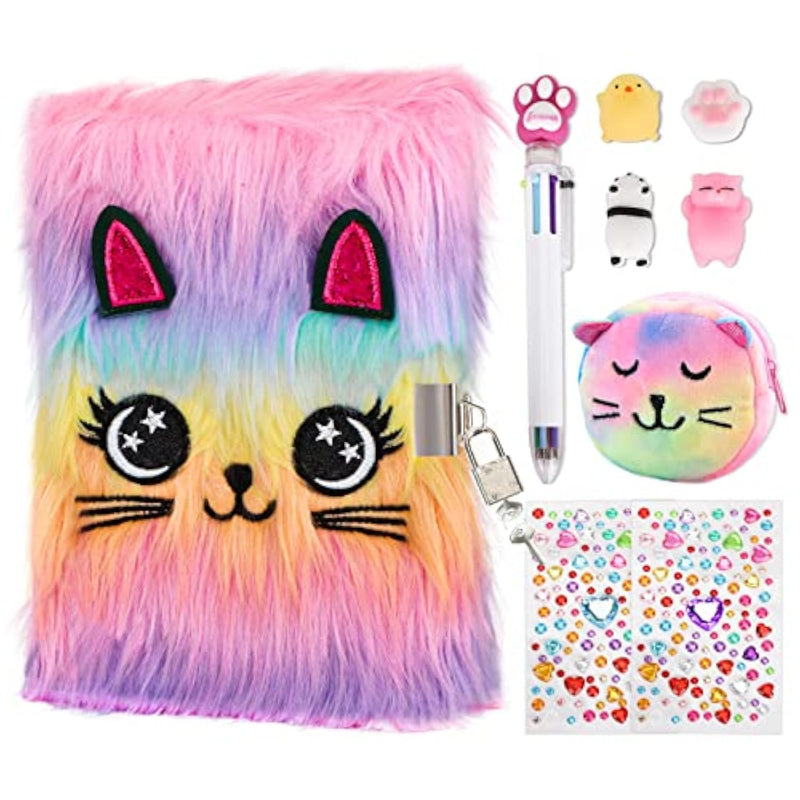 Cat Diary With Lock And Keys For Girls,Plush Secret Journal For Kids With 160 Lined Pages,Hardcover Fluffy Locking Notebook For Writing And Drawing,Cute Fuzzy Stationary Gifts For Girls Ages