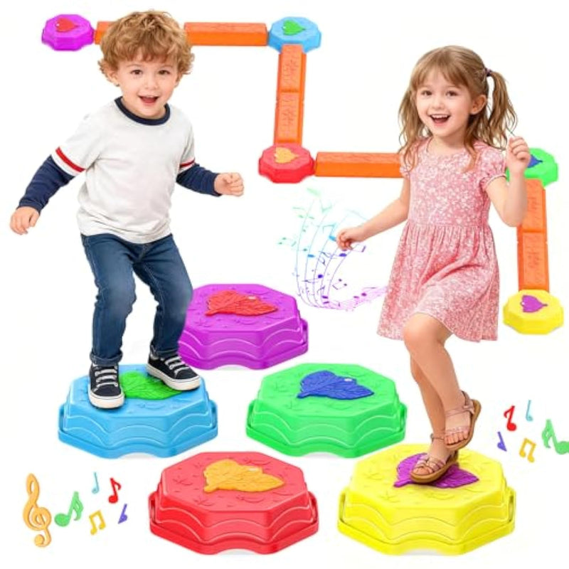 Stepping Stones For Kids, Light Up Musical Balance Beam And Non-Slip Toddler Balance Stones, Toddler Indoor Or Outdoor Play Obstacle Course, Sensory Toys Play For Family Active Kids Ages 3+