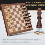2 In 1 Magnetic Wooden Chess And Checkers Board Game Set, 15" Folding Chess Boards With 2 Extra Queens, Portable Travel Chess Sets With Pieces Storage Slots, Beginner Chess Game Set For Kids, Adults