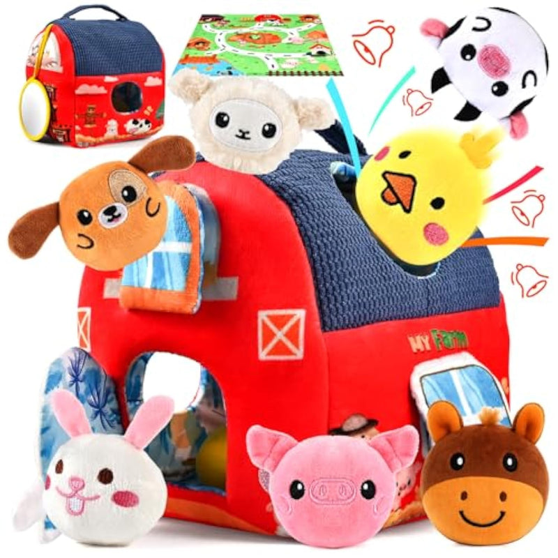 Baby Toys 6-12 Months | Plush Barn Toy With 8 Sound Animals & Farm Mat - Montessori Toys Sensory Farm Animals For Toddlers 1-3 - Crinkle/Rattle/Squeak, Birthday Infant Toy Baby Boy Girl Gifts