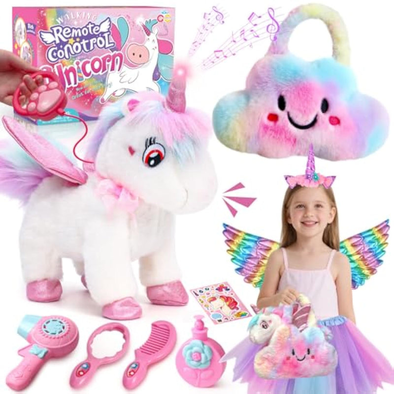 Walking Talking Remote Control Unicorn Toy For Girl Age 4-6, Electronic Interactive Plush Unicorn With Leash & Costume, Pretend Play Pet Care Toy Birthday Gift For Toddler Kid Girl Age 3 4 5 6 7