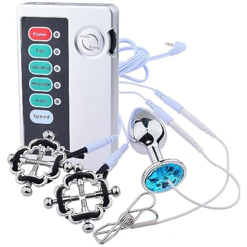 Electric Shock Nipple Clamps And Anal Plug Toys Set Adjustable Current Level, Nipple Clips For Pleasure Sex ?White Set?