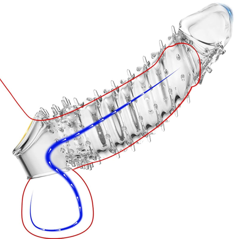 Reusable Sleeve Extender/Condom, Extra Thick Realistic Textured Sheath With Stimulating Pellets, Cuffed Thick Testicle Ring Male Sex Toys - Clear (Clear) … (Clear)