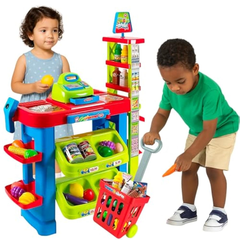 Supermarket Playset For Kids — Grocery Store Pretend Play With Toy Shopping Cart, Cash Register, Scanner & Play Food Accessories – Fun Gift For Ages 3+