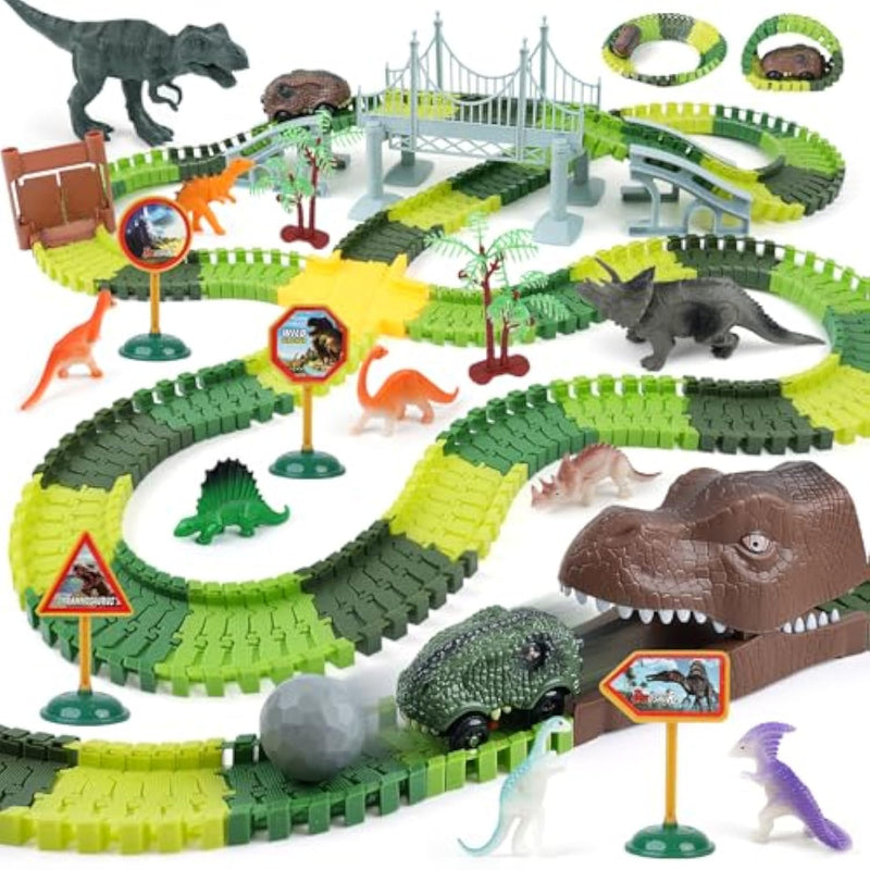 Dinosaur Race Track Toys For Kids - Birthday Gifts For Boys Ages 3 4 5 6 7, 280+ Pcs Flexible Car Track Set With 2 Vehicles, Build Your Own Dino Adventure