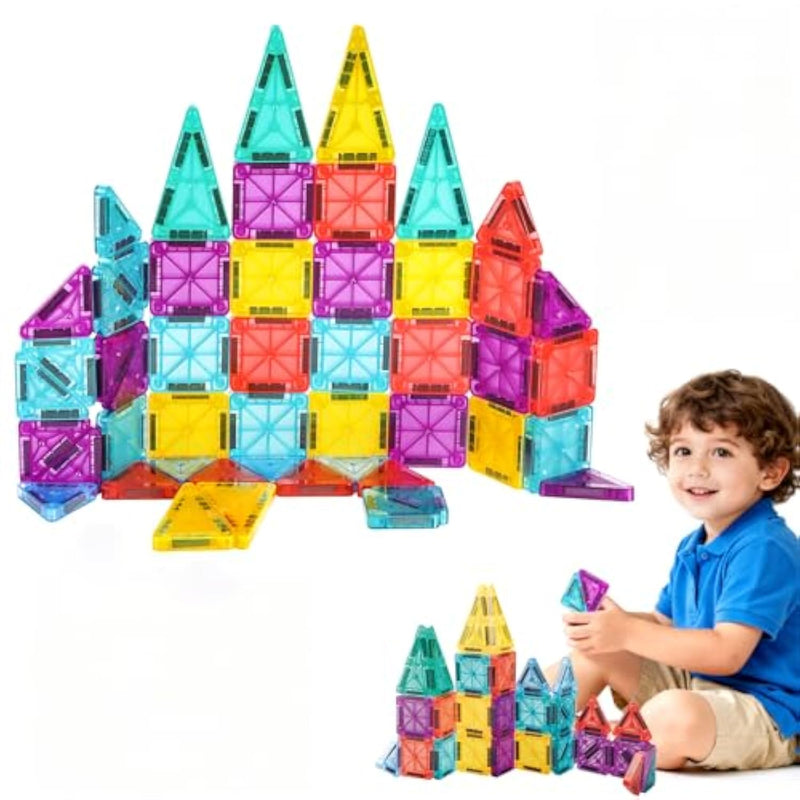 Mini Magnetic Tiles, 49Pcs Portable Travel Magnetic Building Blocks With Iron Box Stem Educational Building Set Construction Toys For Kids Ages 3-8 Boys Girls Toddlers Birthdays Gifts