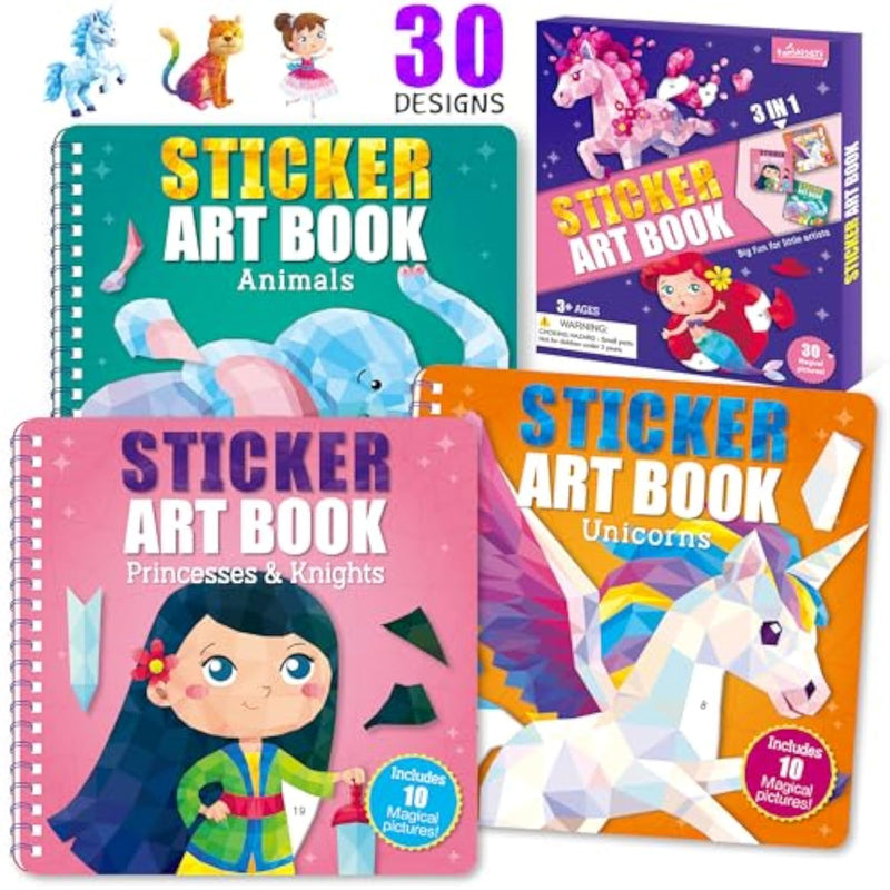 3-Pack Sticker by Number Books for Kids Ages 4-8, Mermaid, Unicorn, Animal