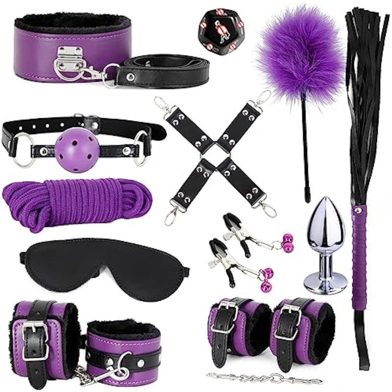 Bdsm Bondage Restraint Kits 12Pcs Sets Sex Toys Handcuffs Ankle Collar Cuffs Blindfold Feather Tickler Ball Gag Anal Plug Sm Games Adjustable For Women Men