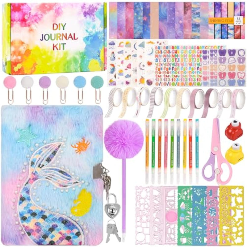 Mermaid Diary Gift Set with Scrapbook Paper, Stickers, and Pompom Pen
