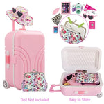 18 Inch Doll Suitcase Travel Luggage Play Accessories, Doll Clothes Accessories Carrier Storage Set, Case, Hat, Sunglasses, Camera, Pillow, Toy Pet