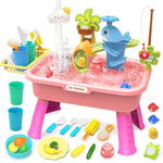 21" H Play Sink With Running Water, 4-In-1 Kids Kitchen Sink Toy With Electric Faucet, Mini Water Table With Detachable Legs, Fishing Game, Pretend Play Dishwasher Gift Set For Boys & Girls(Pink)