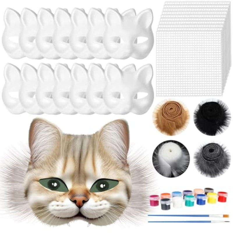 30 Pcs Therian Cat Mask DIY Kit with Fur Mesh and Acrylic Paints