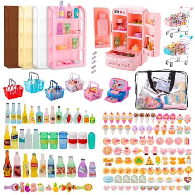 169Pcs Mini Food Shopping Cart Toys Miniature Play Food Drink Bottle Toy Little Carts Baskets Supermarket Shelves Refrigerator Cash Register For Play Kitchen Grocery Mini Dollhouse Accessories