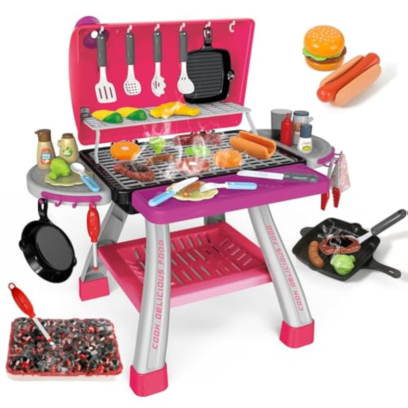 Pink Kitchen Toy Set, Kids Grill Playset With Smoke, Sound & Light, Little Chef Play,Cooking Interactive Toys Christmas Birthday Gift For Boys Girls