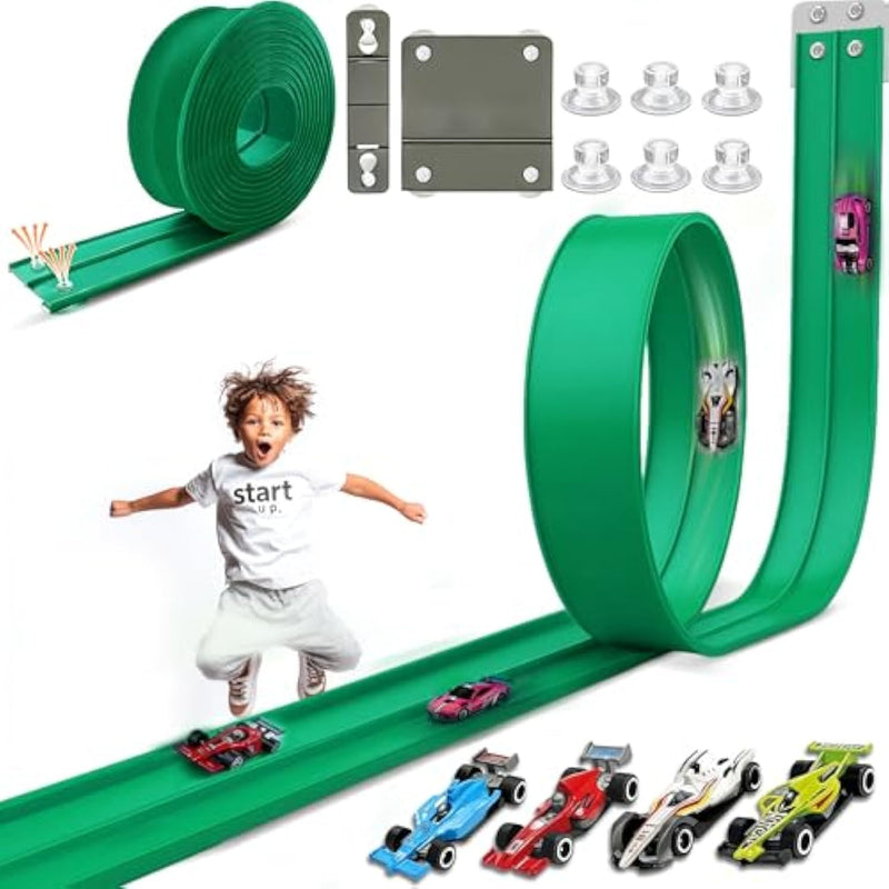 15.75 Ft Flex Track For Kids, Flexible Race Track Compatible With Hot Wheels And Diecast 1/64Th Cars, Roll-Up Portable Race Car Ramp Track With Suction Cups & Track Anchors & 4 Race Cars, Green