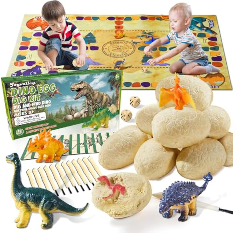 Dino Fossil Eggs Dinosaur Toys - 12 Dinosaur Eggs Dig Excavation Kit W Play Mat For Kids Ages 5-7 Easter Basket Essentials Stem Toy Christmas Birthday Gift For Boys Girls 3 4 5 6 7 8 + 8-13 Years Old